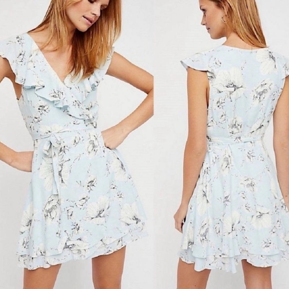 Free People French Quarter Wrap Dress Mint Blue Floral